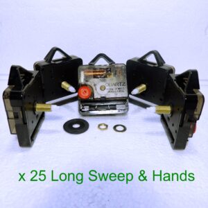 25x long shaft Quartz clock sweep mechanism (non ticking) with hands
